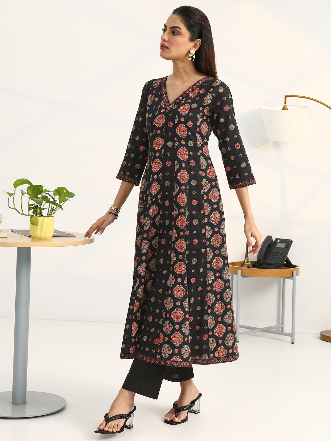  Black Ethnic Motifs Printed Cotton Blend A-Line Suit Set With Dupatta 