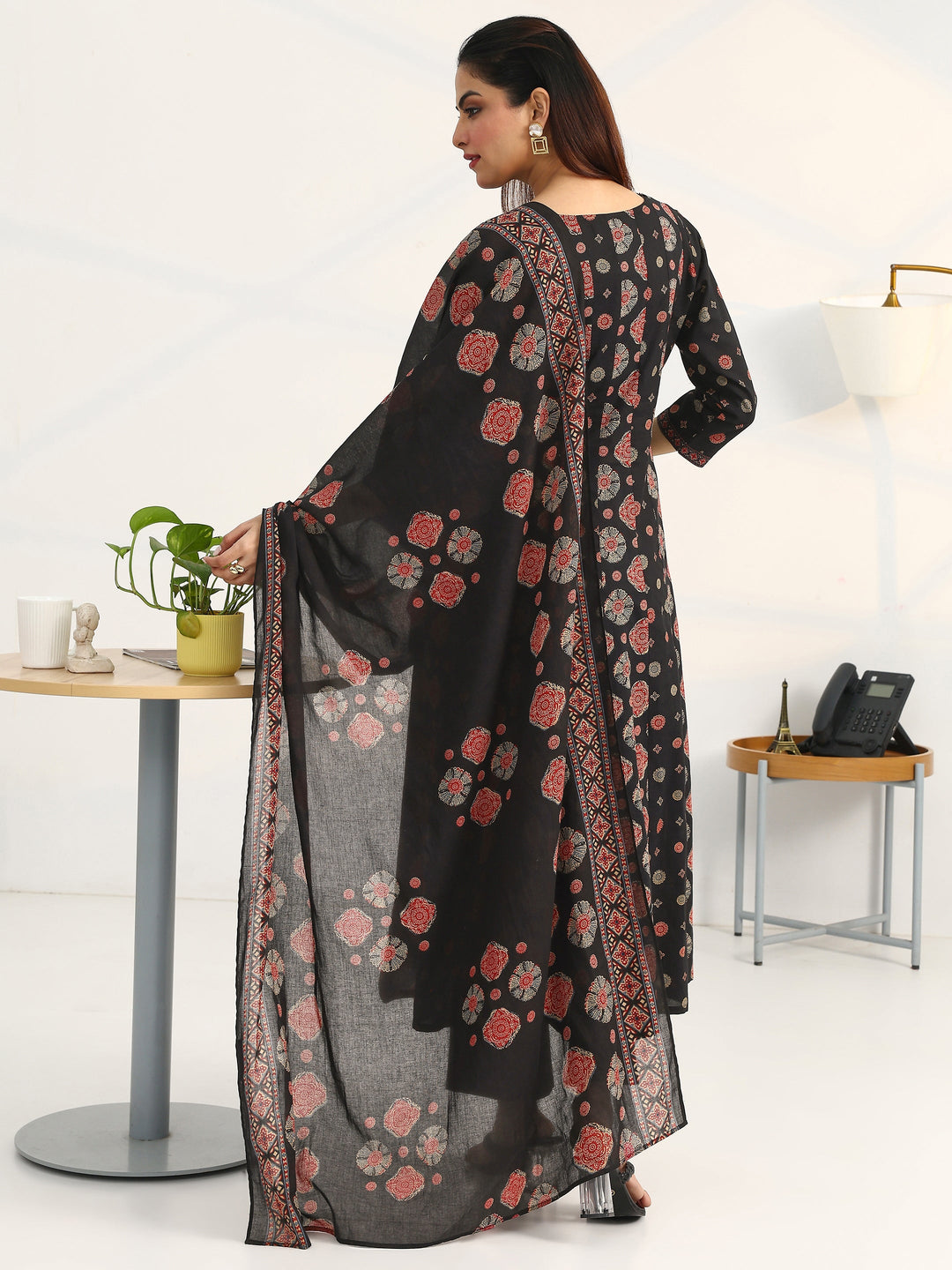  Black Ethnic Motifs Printed Cotton Blend A-Line Suit Set With Dupatta 