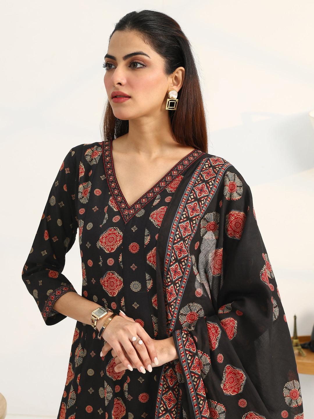  Black Ethnic Motifs Printed Cotton Blend A-Line Suit Set With Dupatta 