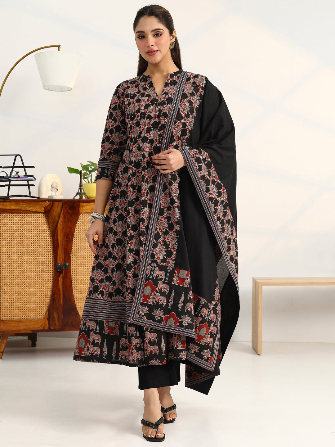  Black Ethnic Motifs Printed Cotton Blend A-Line Suit Set With Dupatta 