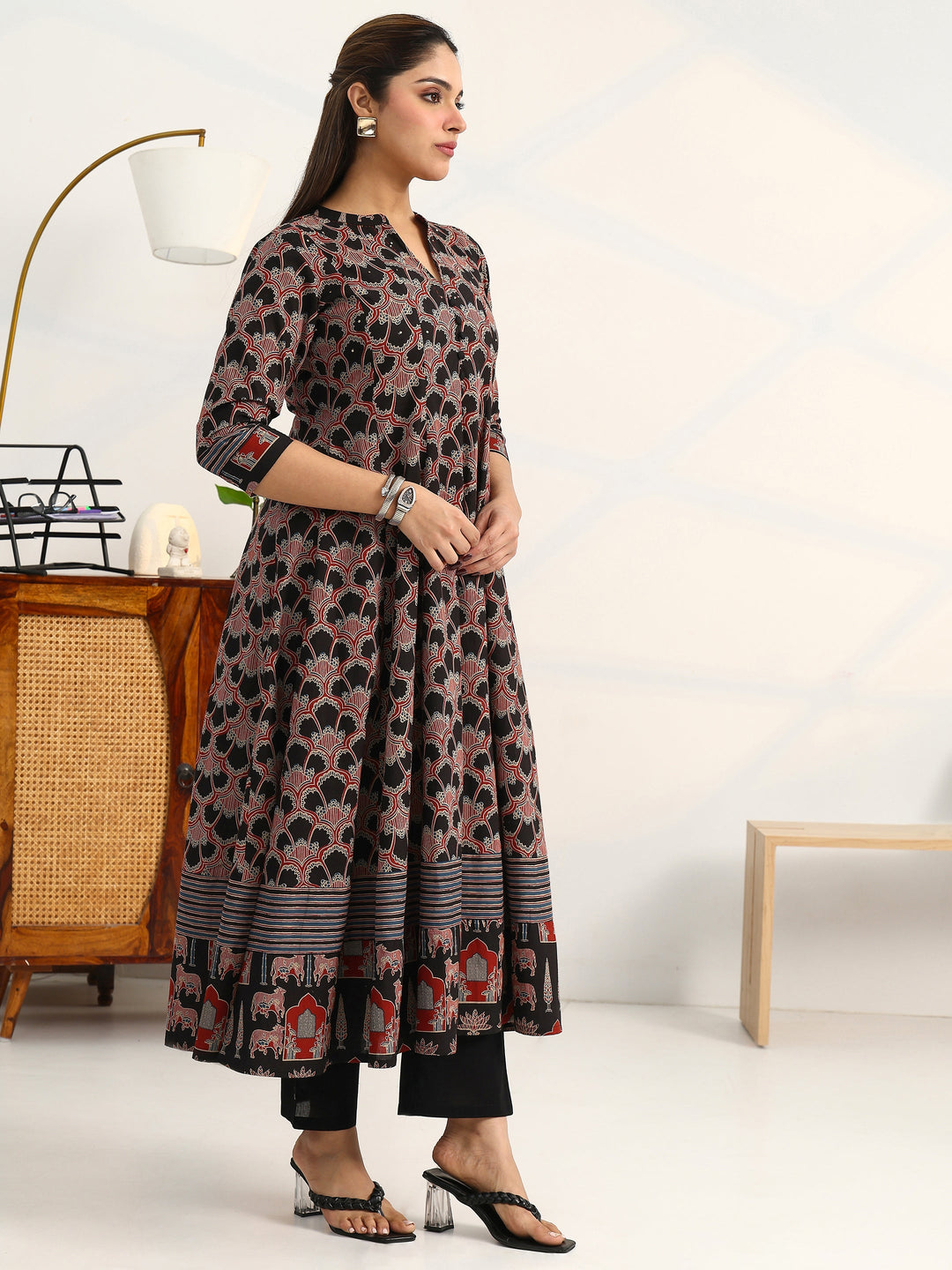 Black Ethnic Motifs Printed Cotton Blend A-Line Suit Set With Dupatta 