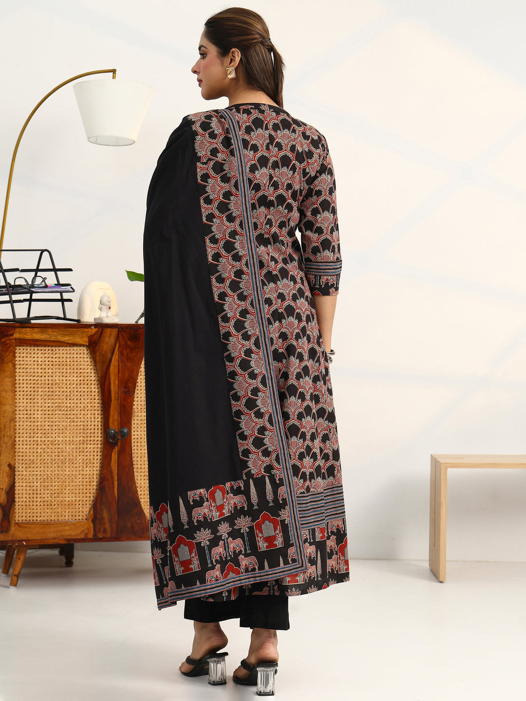  Black Ethnic Motifs Printed Cotton Blend A-Line Suit Set With Dupatta 