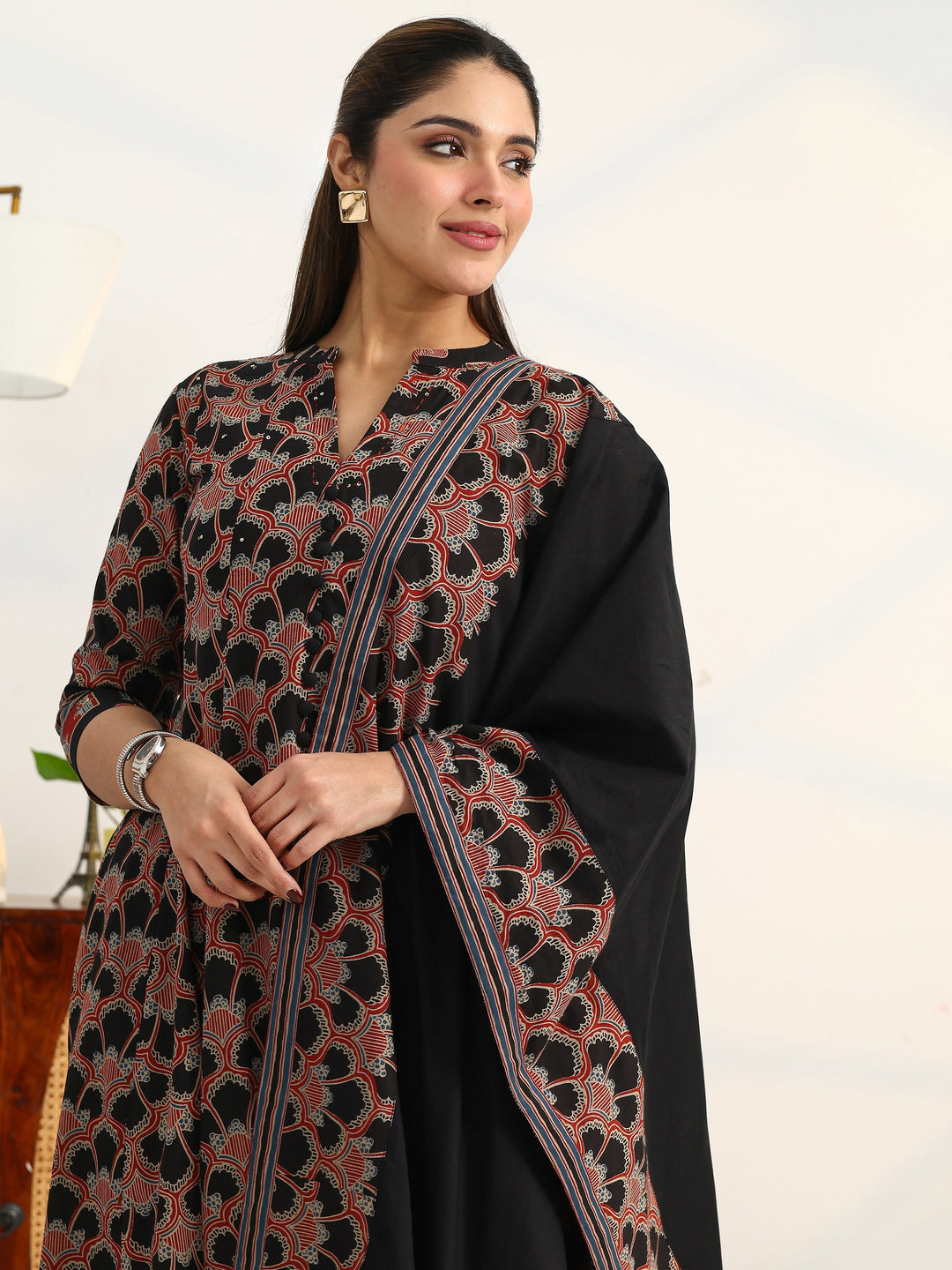  Black Ethnic Motifs Printed Cotton Blend A-Line Suit Set With Dupatta 