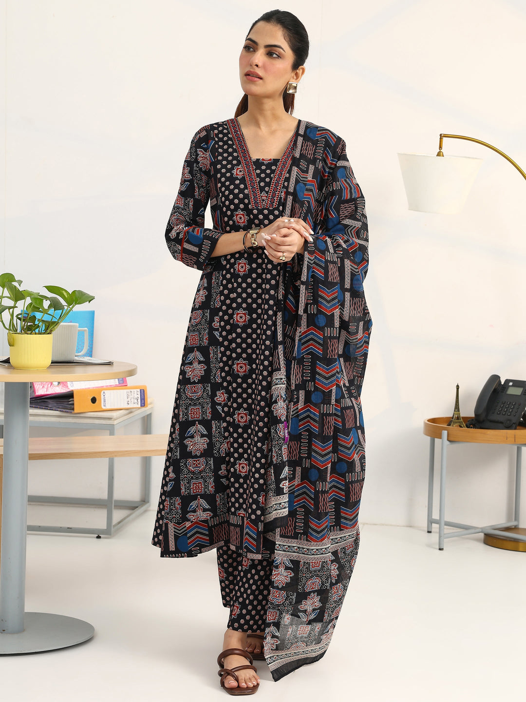  Black Ethnic Motifs Printed Cotton Blend A-Line Suit Set With Dupatta 