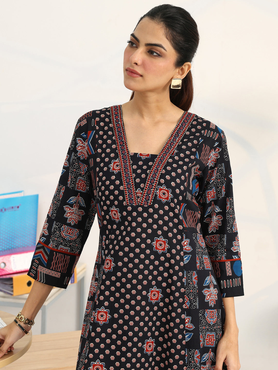  Black Ethnic Motifs Printed Cotton Blend A-Line Suit Set With Dupatta 