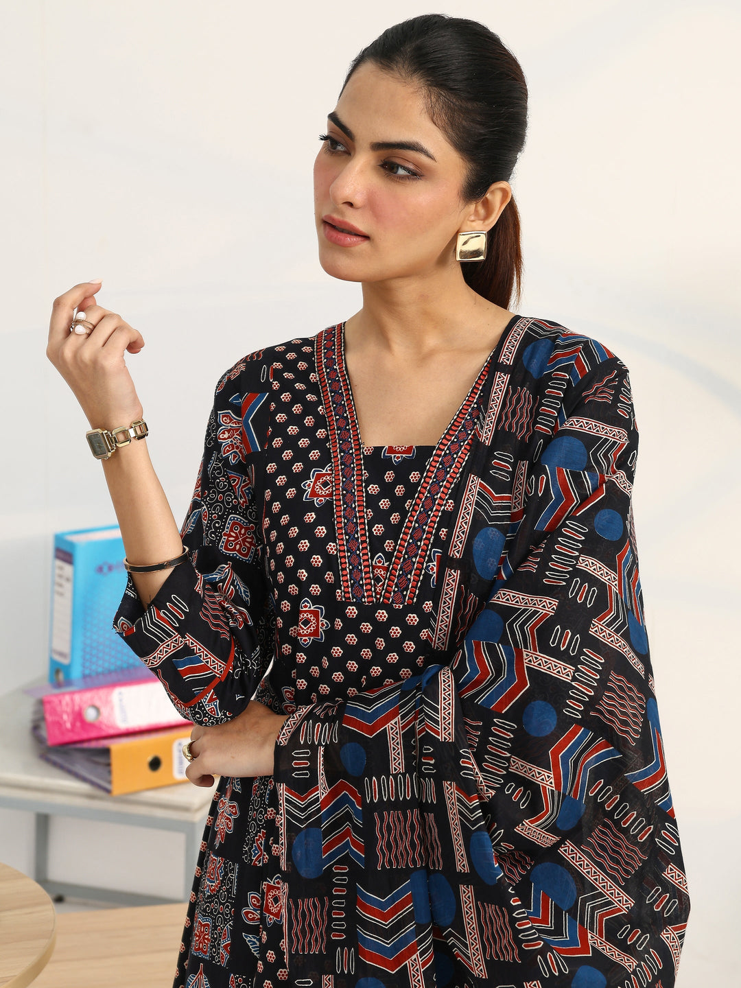  Black Ethnic Motifs Printed Cotton Blend A-Line Suit Set With Dupatta 