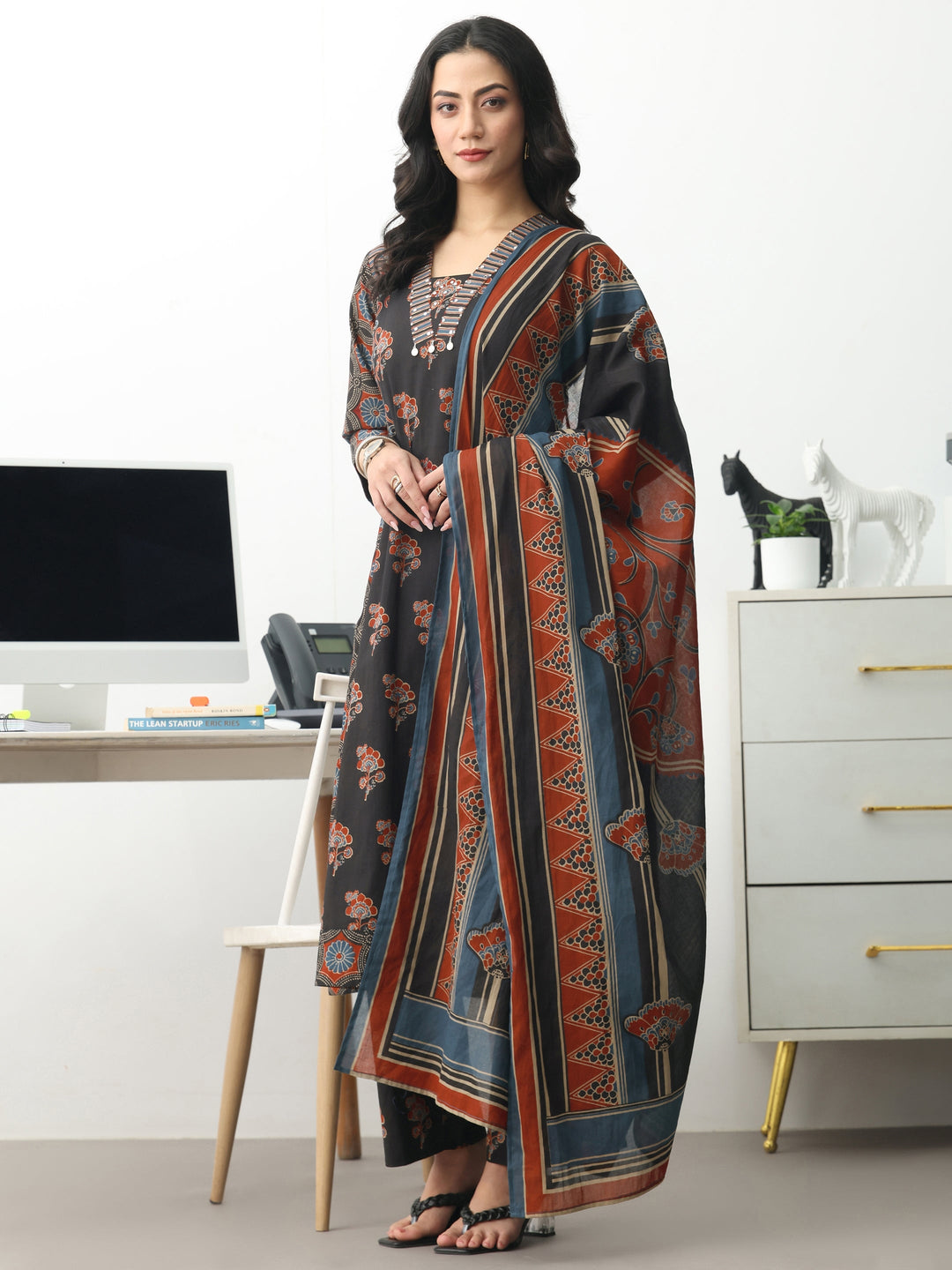  Black Floral Printed Cotton Blend A-Line Suit Set With Dupatta 