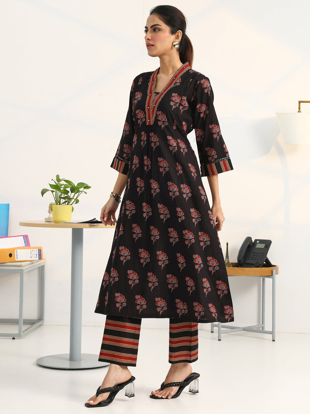  Black Floral Printed Cotton Blend A-Line Suit Set With Dupatta 
