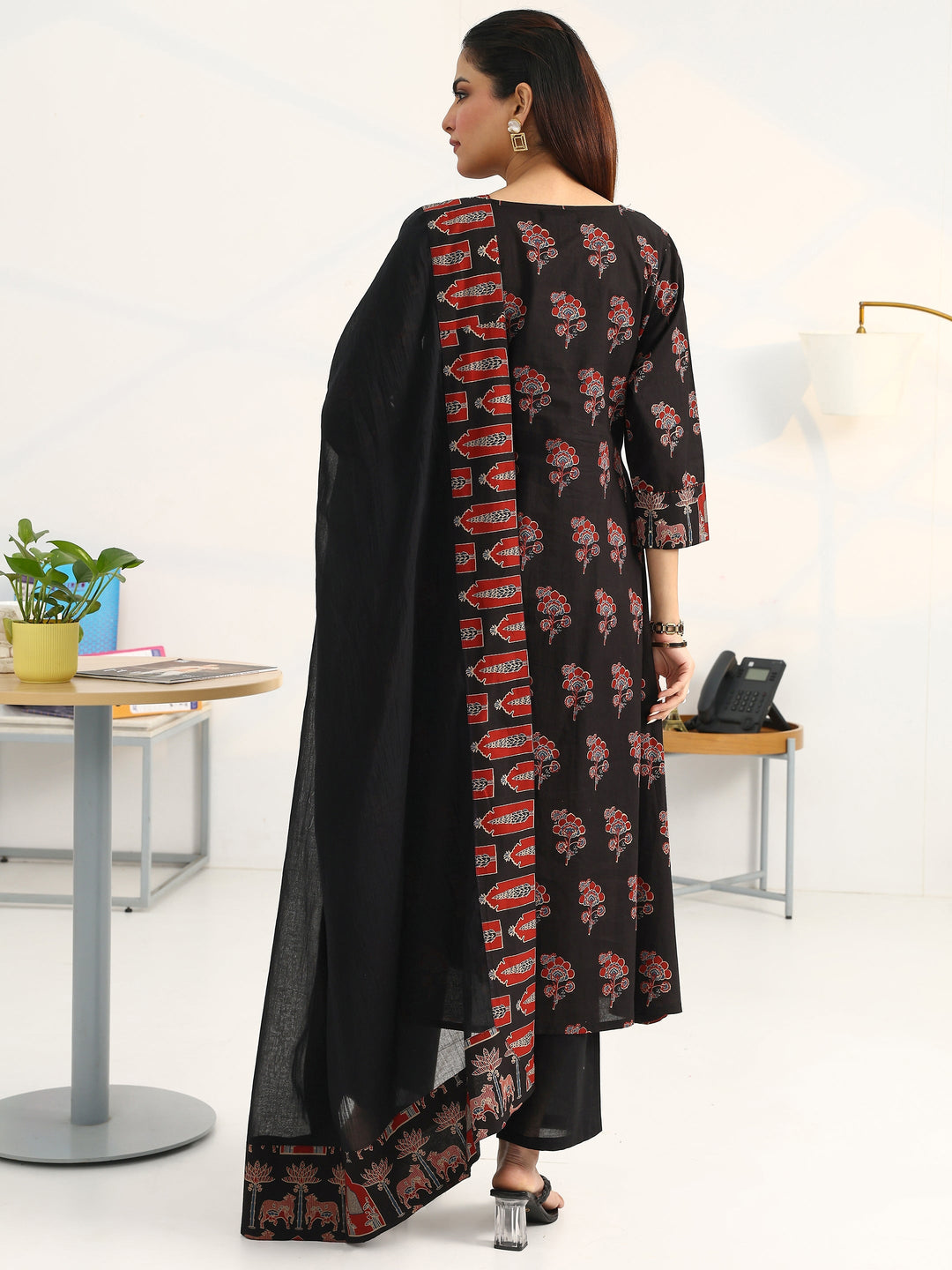  Black Floral Printed Cotton Blend A-Line Suit Set With Dupatta 