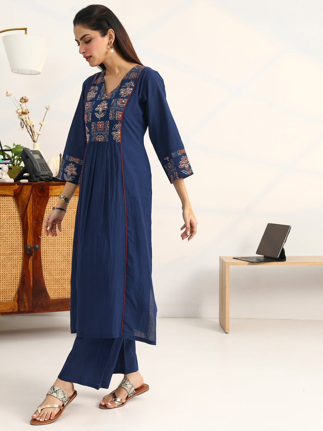  Blue Ethnic Motifs Yoke Design Cotton Blend A-Line Suit Set With Dupatta 