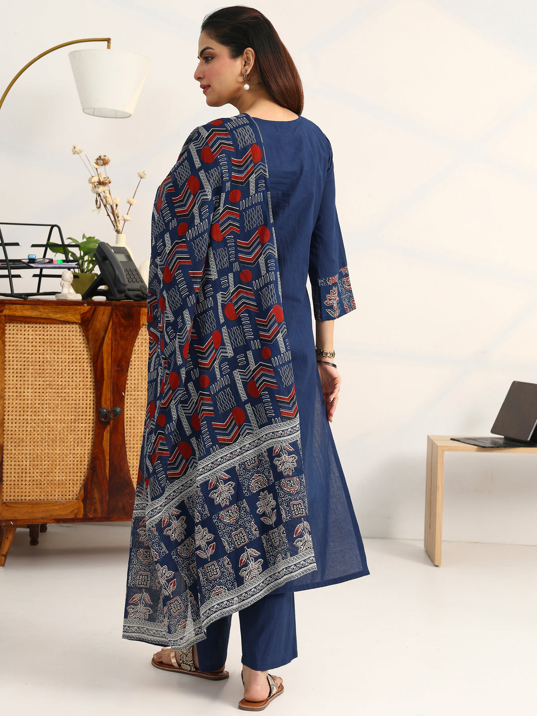 Blue Ethnic Motifs Yoke Design Cotton Blend A-Line Suit Set With Dupatta 