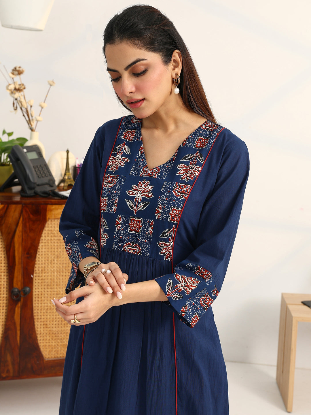  Blue Ethnic Motifs Yoke Design Cotton Blend A-Line Suit Set With Dupatta 