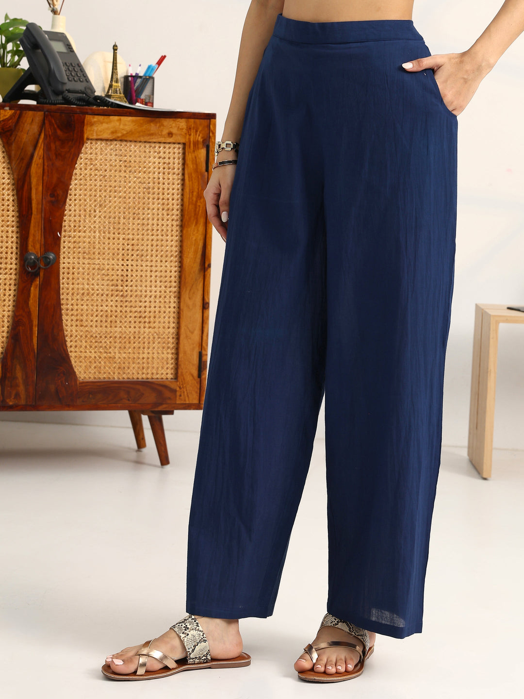  Blue Ethnic Motifs Yoke Design Cotton Blend A-Line Suit Set With Dupatta 