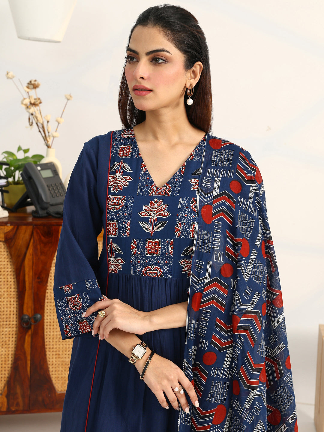  Blue Ethnic Motifs Yoke Design Cotton Blend A-Line Suit Set With Dupatta 