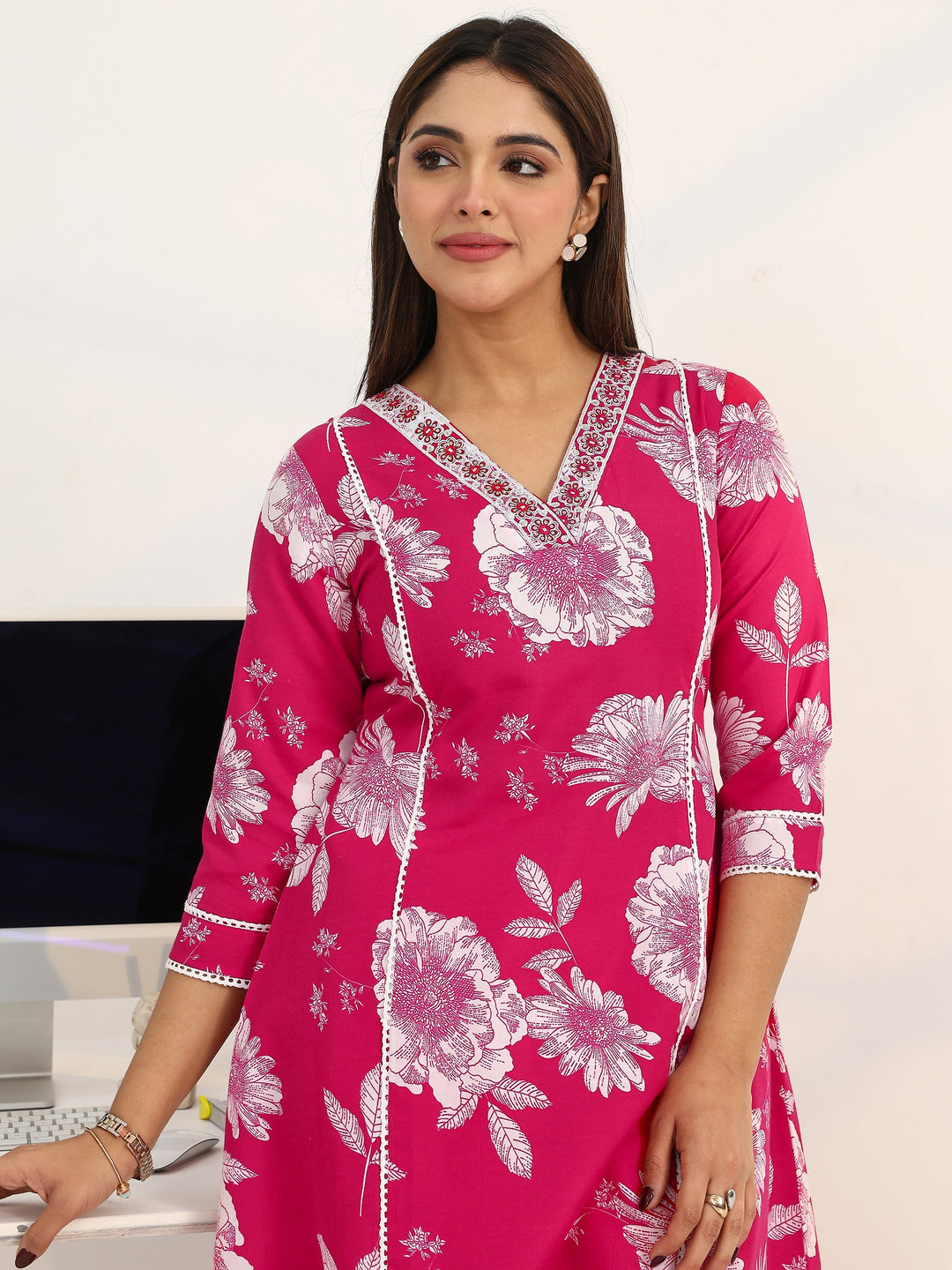  Power Petal Cotton Blend Pink Straight Suit Set 