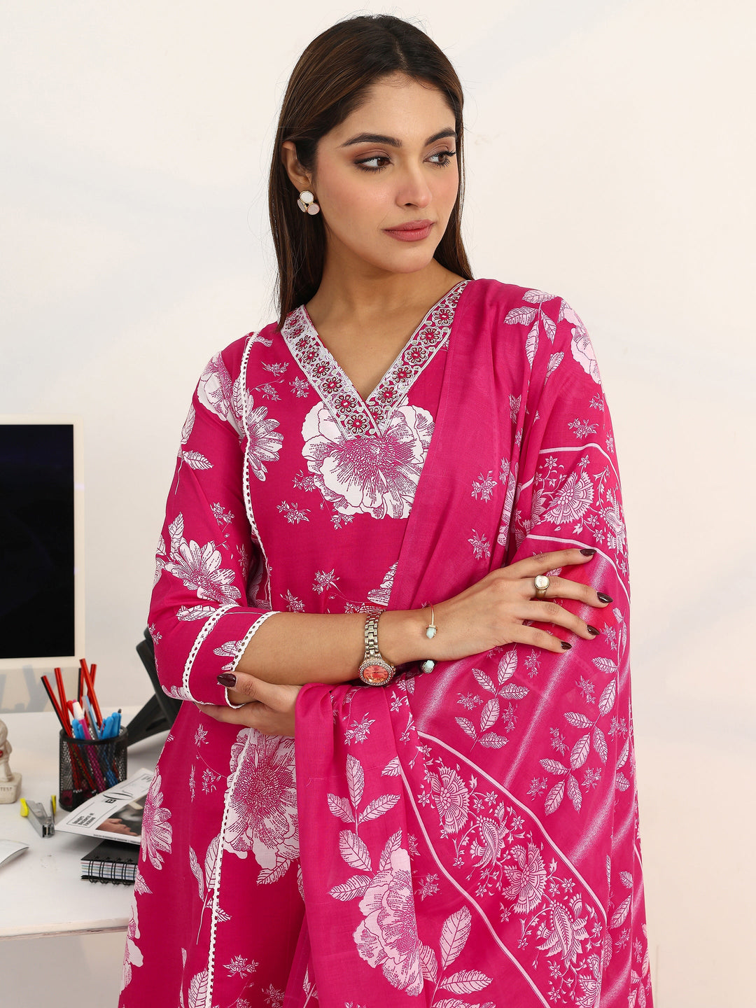  Power Petal Cotton Blend Pink Straight Suit Set 