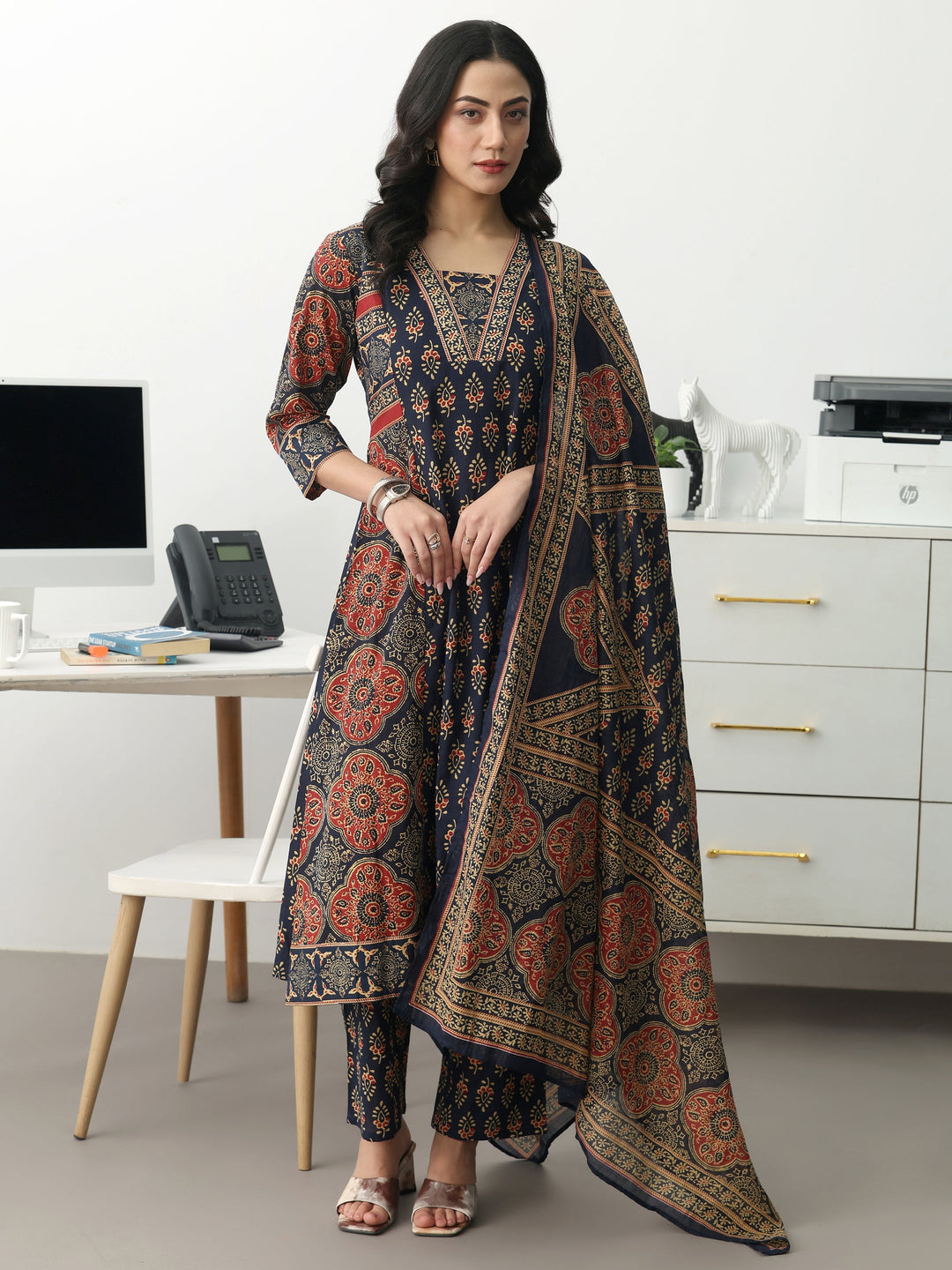  Navy Blue Ethnic Motifs Printed Cotton Blend A-Line Suit Set With Dupatta 