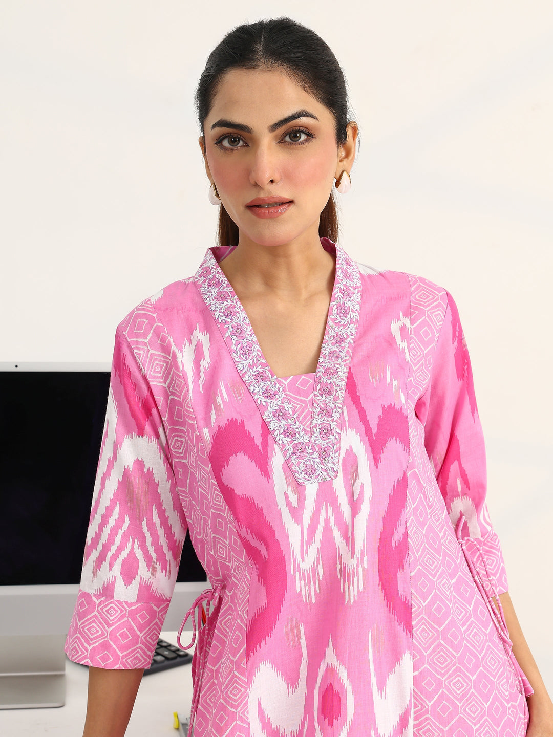  Pink Abstract Printed Cotton Blend Straight Suit Set With Dupatta 