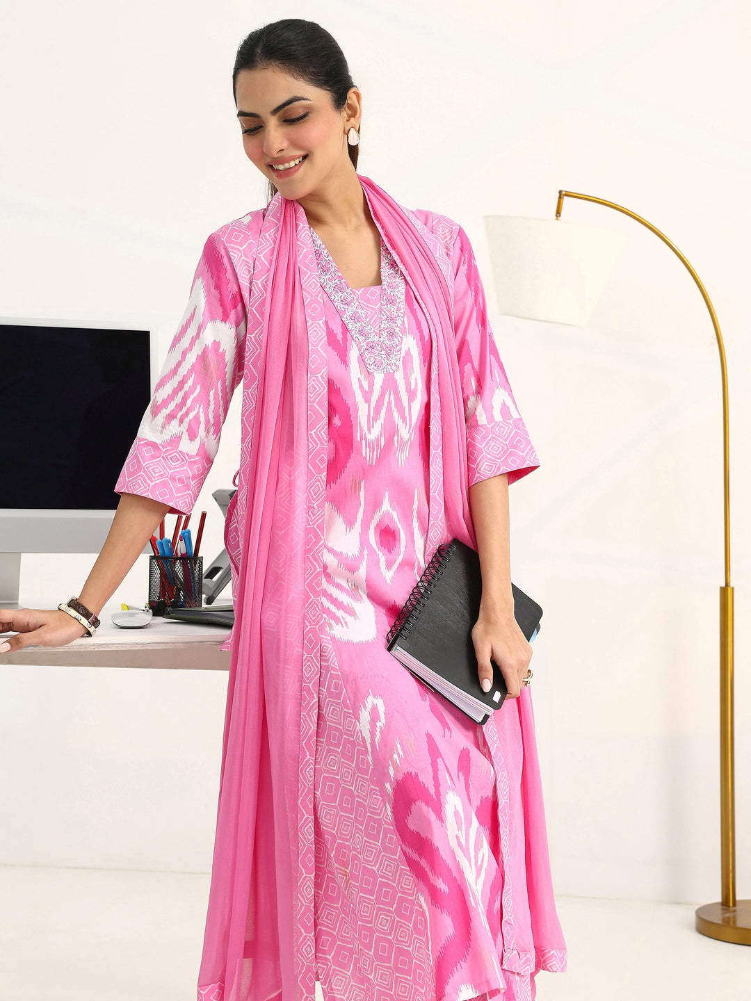  Pink Abstract Printed Cotton Blend Straight Suit Set With Dupatta 