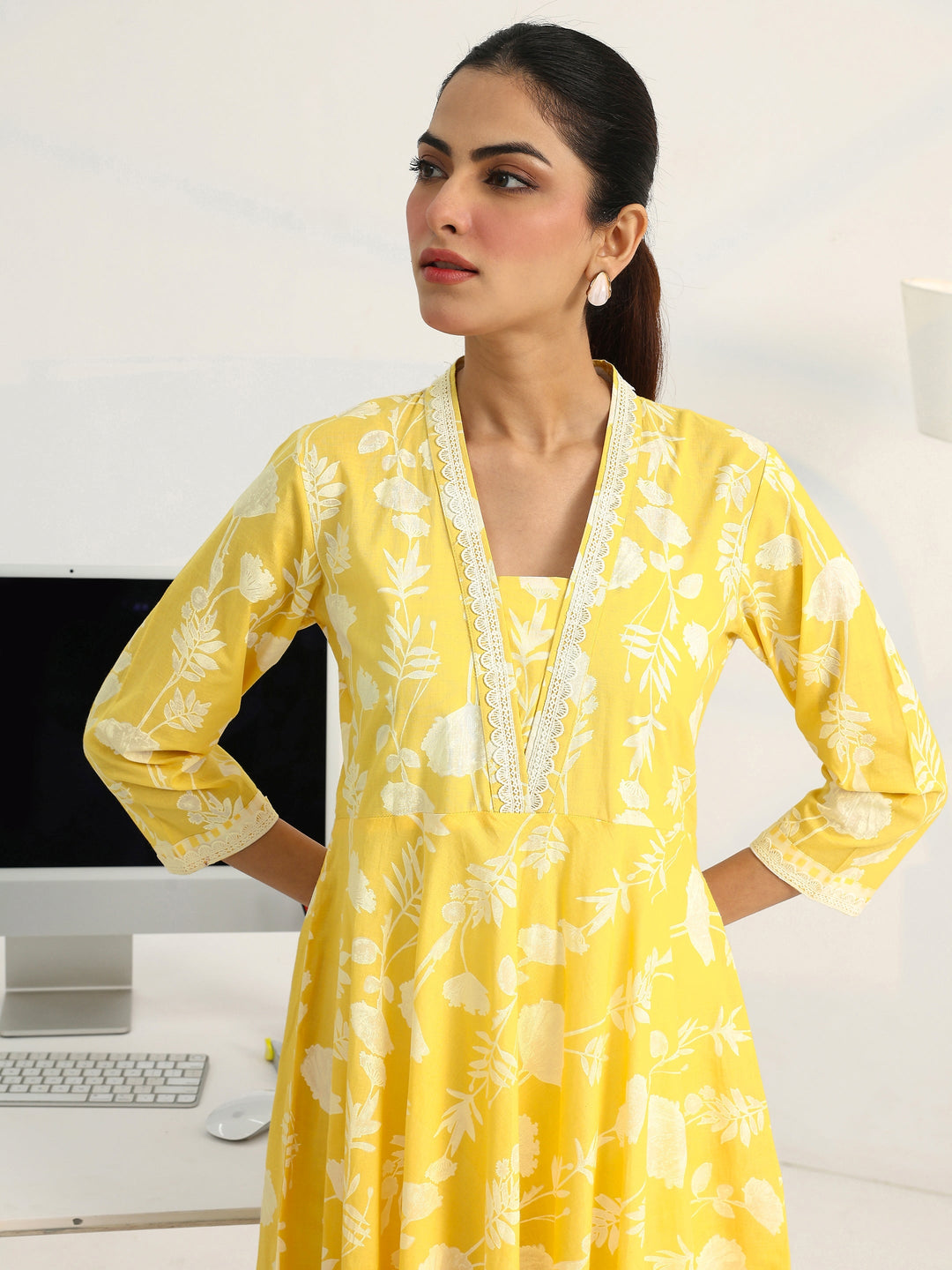  Yellow Floral Printed Cotton Blend A-Line Suit Set With Dupatta 
