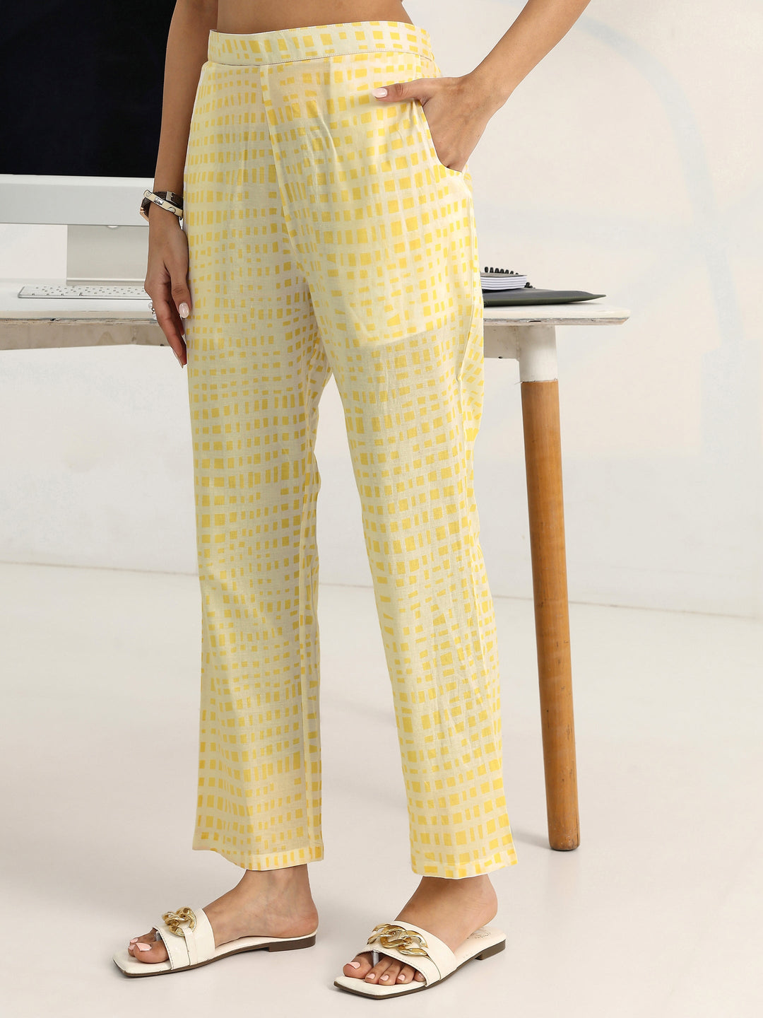  Yellow Floral Printed Cotton Blend A-Line Suit Set With Dupatta 