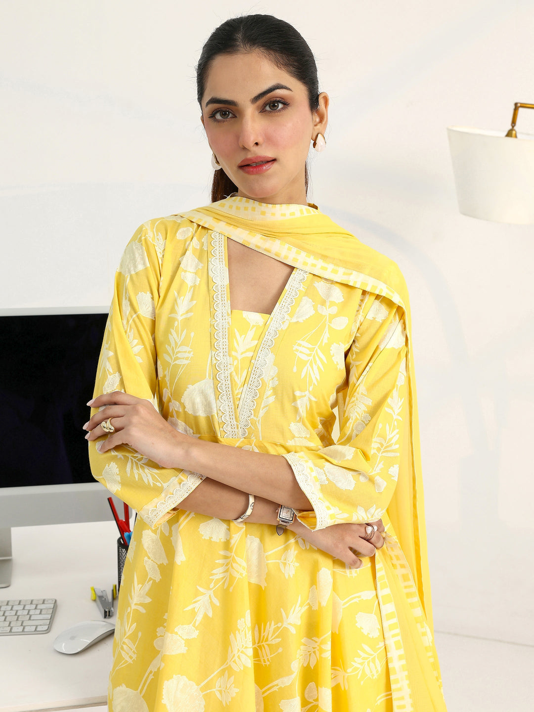  Yellow Floral Printed Cotton Blend A-Line Suit Set With Dupatta 