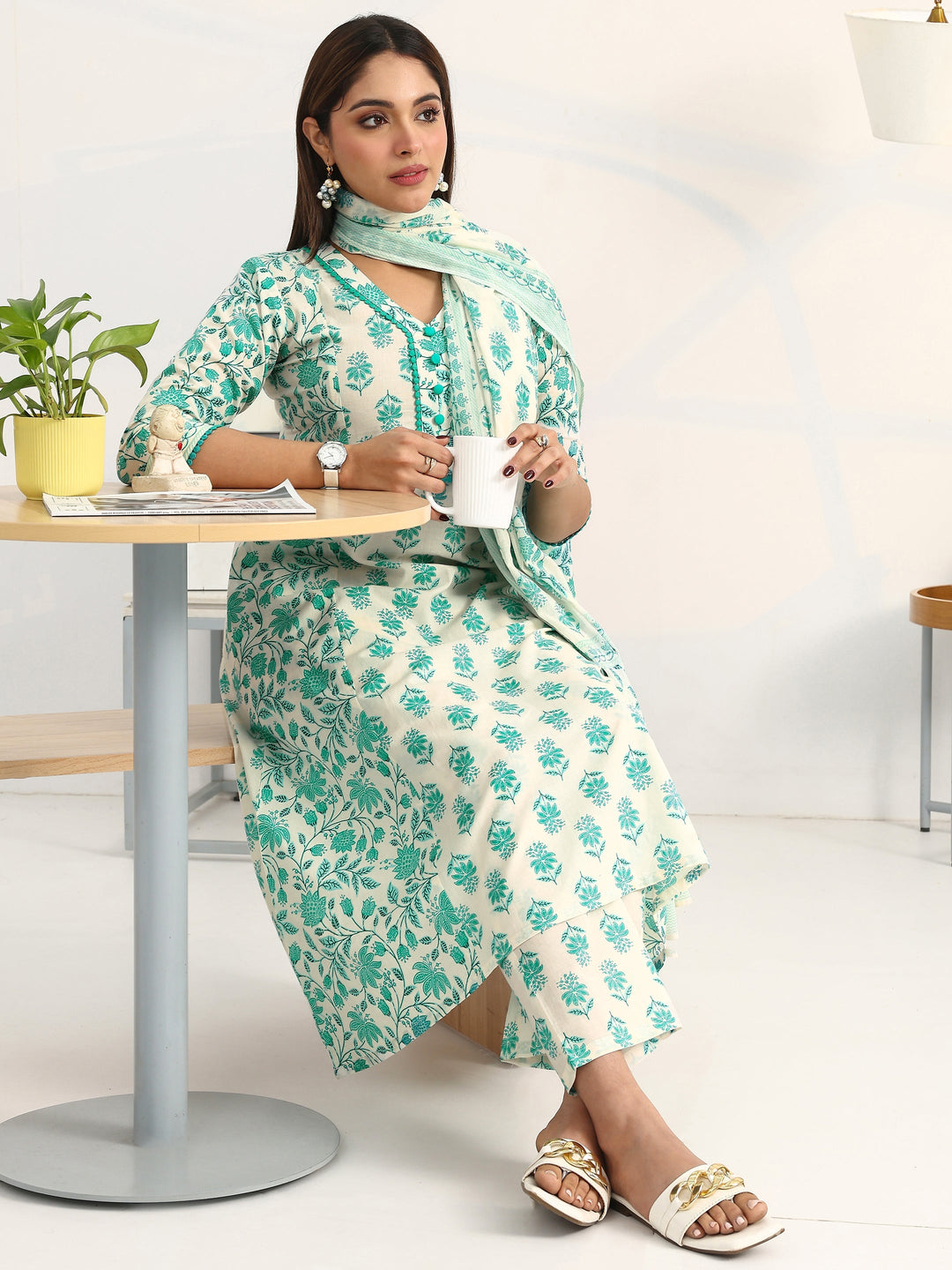  White Floral Printed Cotton Blend A-Line Suit Set With Dupatta 