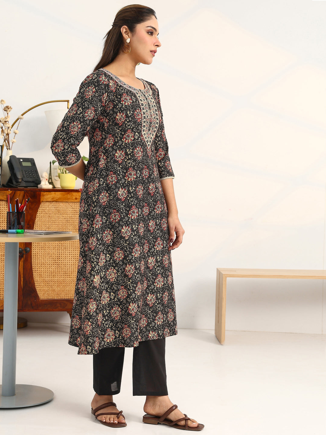  Black Ethnic Motifs Printed Cotton Blend A-Line Suit Set With Dupatta 