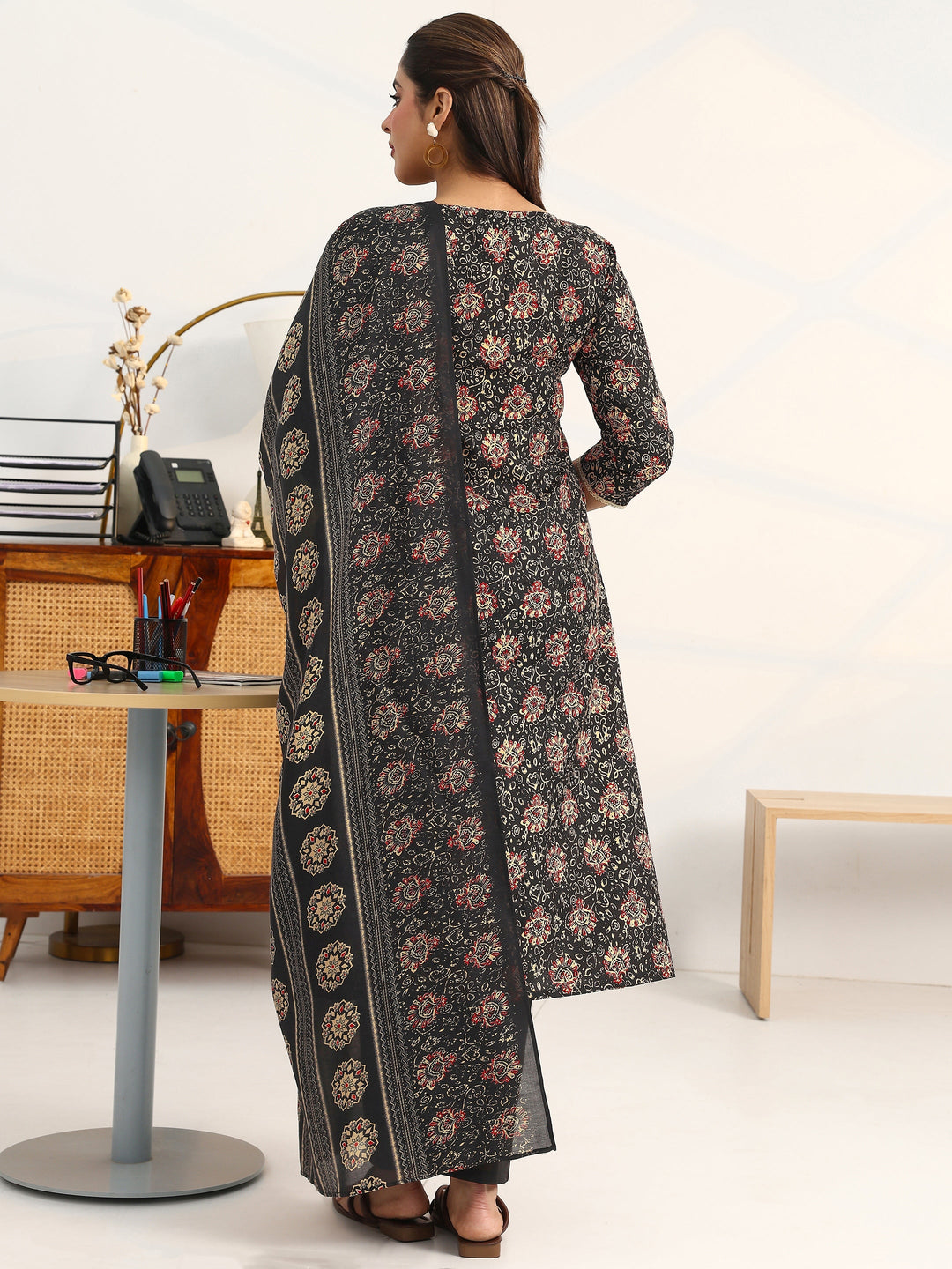  Black Ethnic Motifs Printed Cotton Blend A-Line Suit Set With Dupatta 