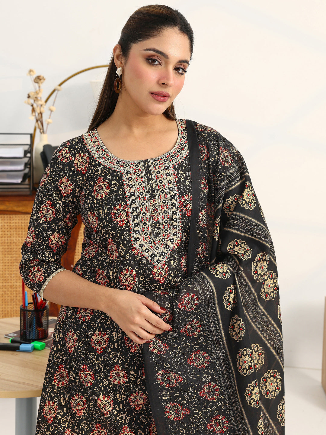  Black Ethnic Motifs Printed Cotton Blend A-Line Suit Set With Dupatta 