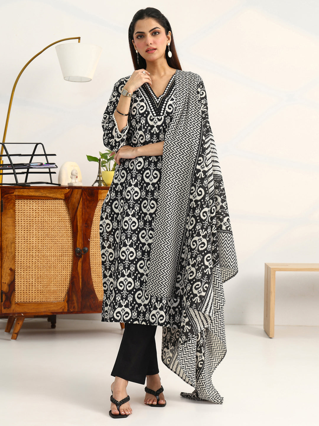  Black Ethnic Motifs Printed Cotton Blend Straight Suit Set With Dupatta 