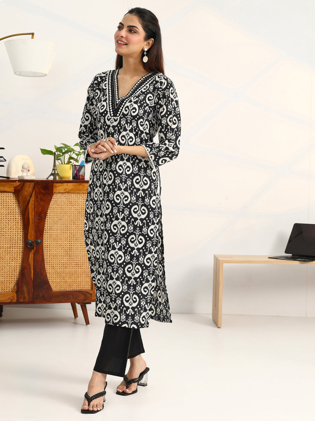  Black Ethnic Motifs Printed Cotton Blend Straight Suit Set With Dupatta 