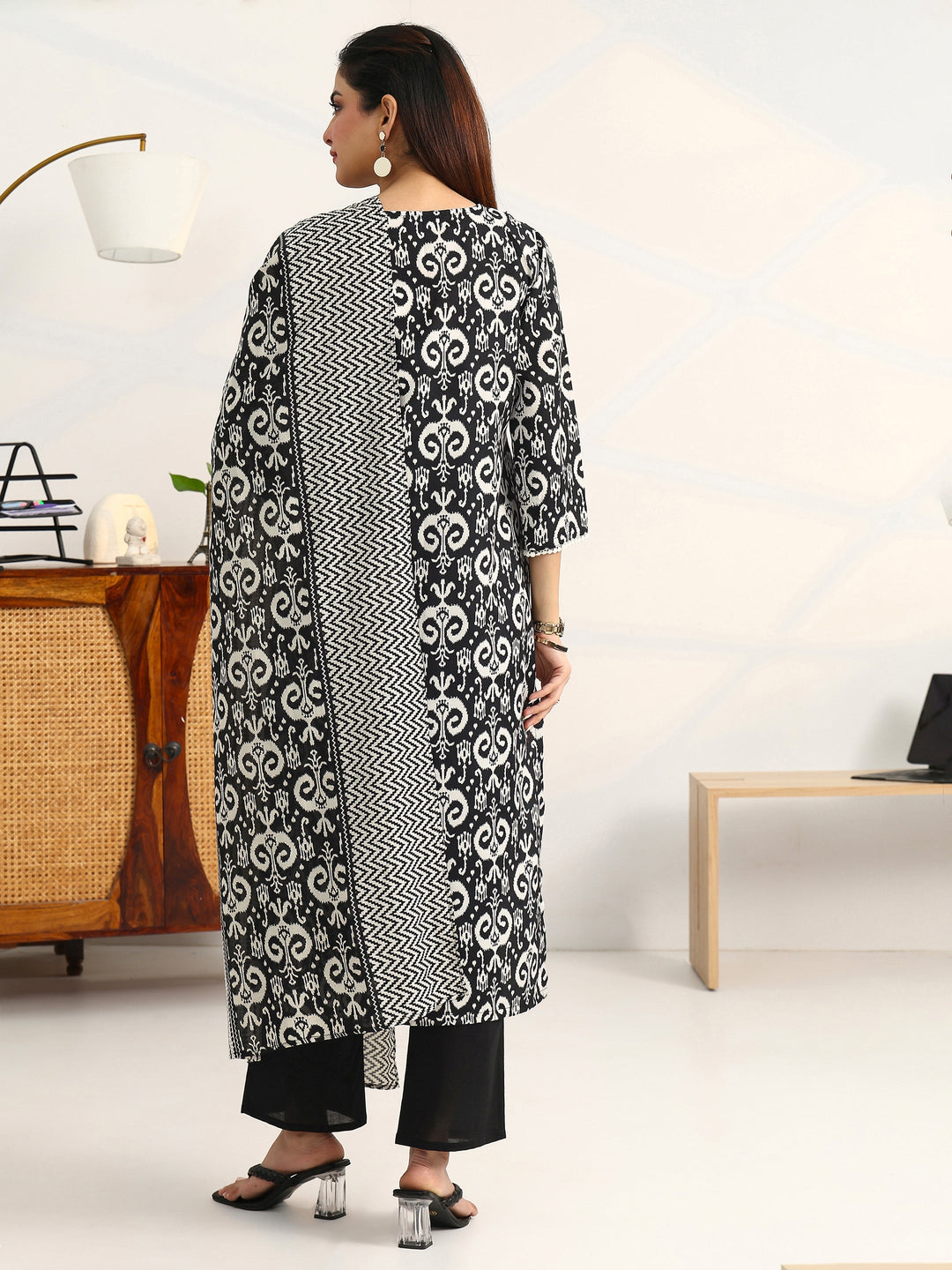  Black Ethnic Motifs Printed Cotton Blend Straight Suit Set With Dupatta 