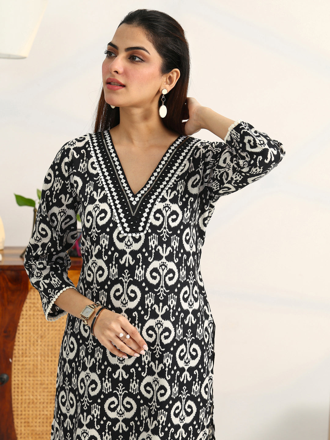  Black Ethnic Motifs Printed Cotton Blend Straight Suit Set With Dupatta 