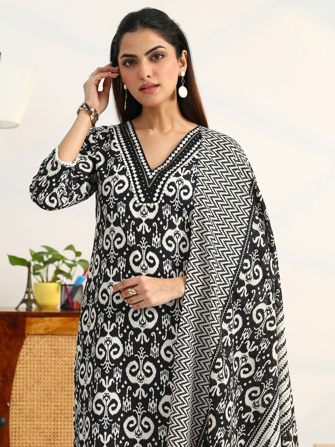  Black Ethnic Motifs Printed Cotton Blend Straight Suit Set With Dupatta 