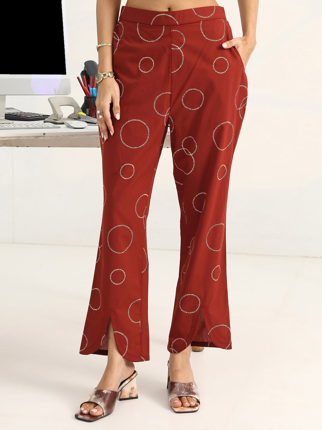  Rust Geometric Printed Cotton Blend A-Line Kurta Set 