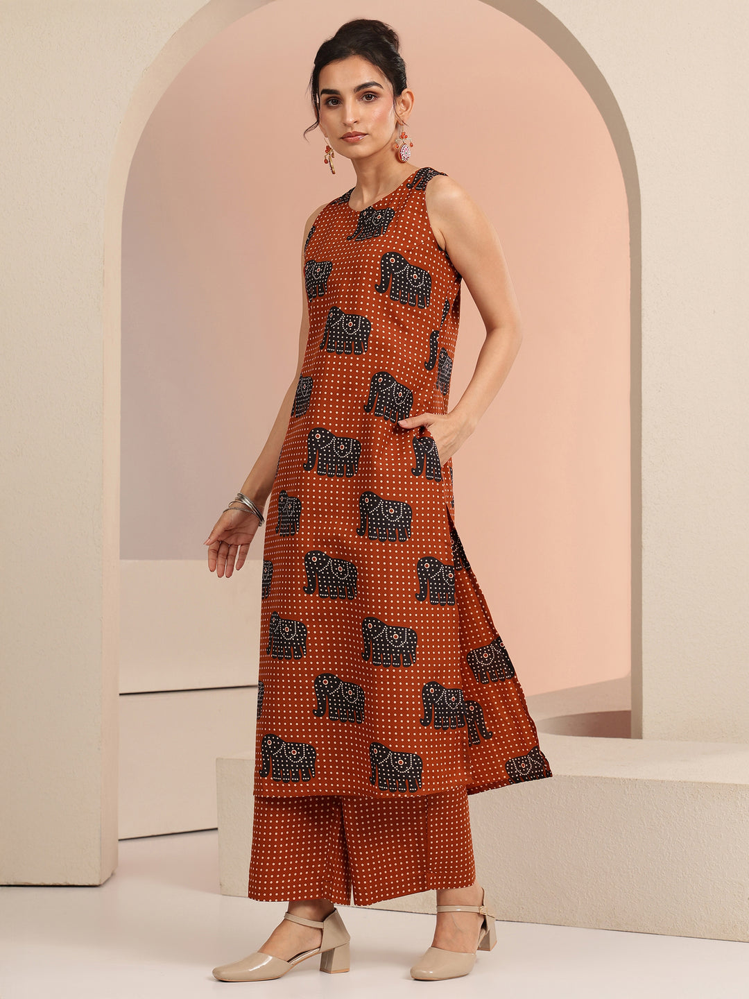  Rust Tribal Printed Cotton Blend Straight Kurta Set 