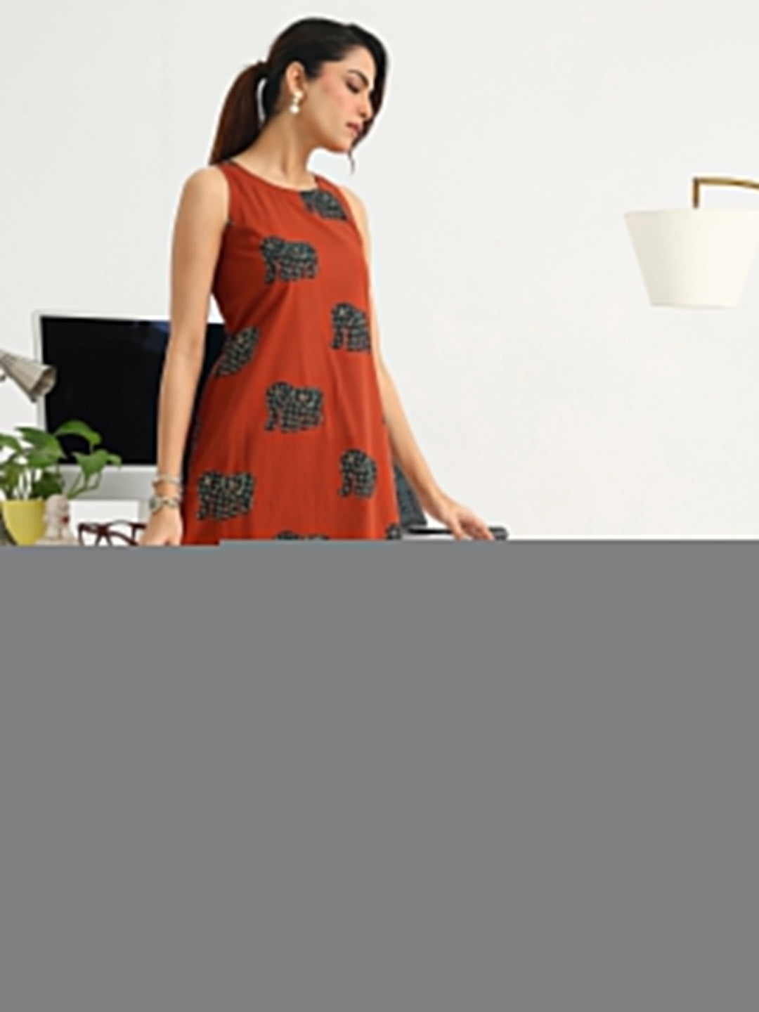  Rust Tribal Printed Cotton Blend Straight Kurta Set 