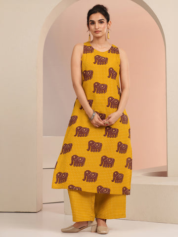 Mustard Tribal Printed Cotton Blend Straight Kurta Set