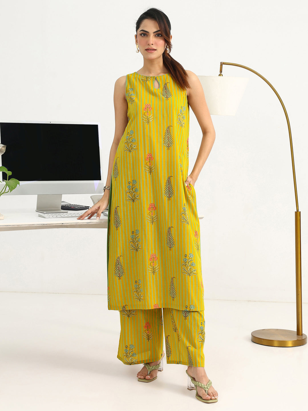  Yellow Striped Printed Cotton Blend Straight Kurta Set 