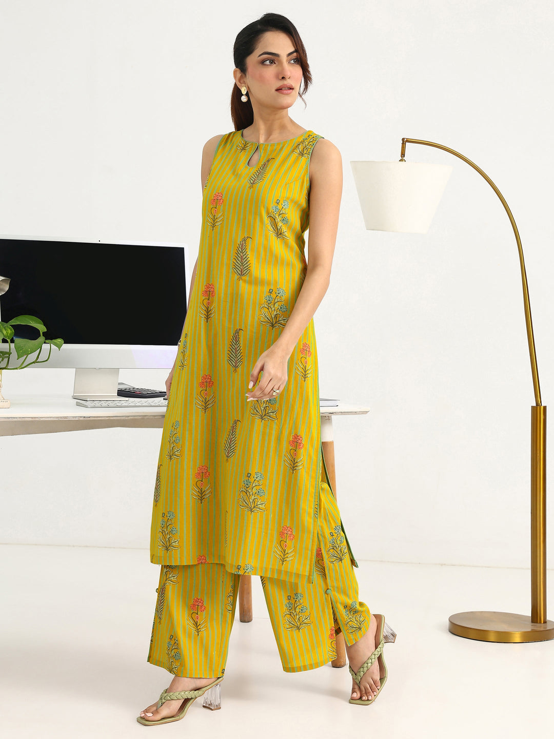  Yellow Striped Printed Cotton Blend Straight Kurta Set 