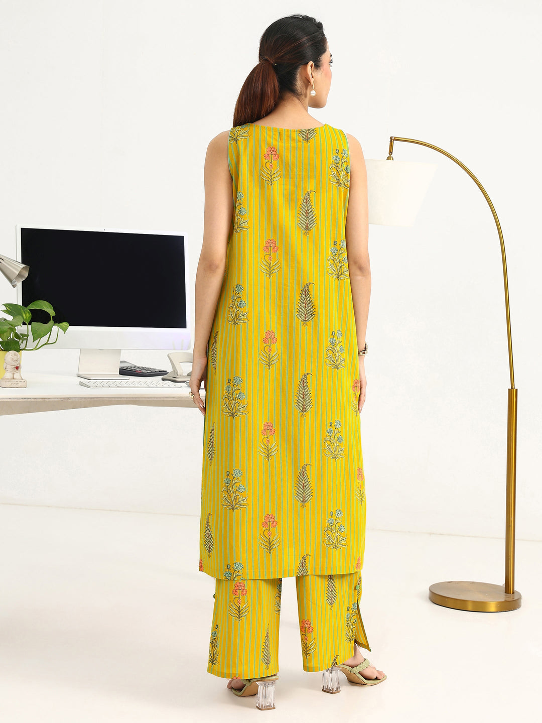  Yellow Striped Printed Cotton Blend Straight Kurta Set 