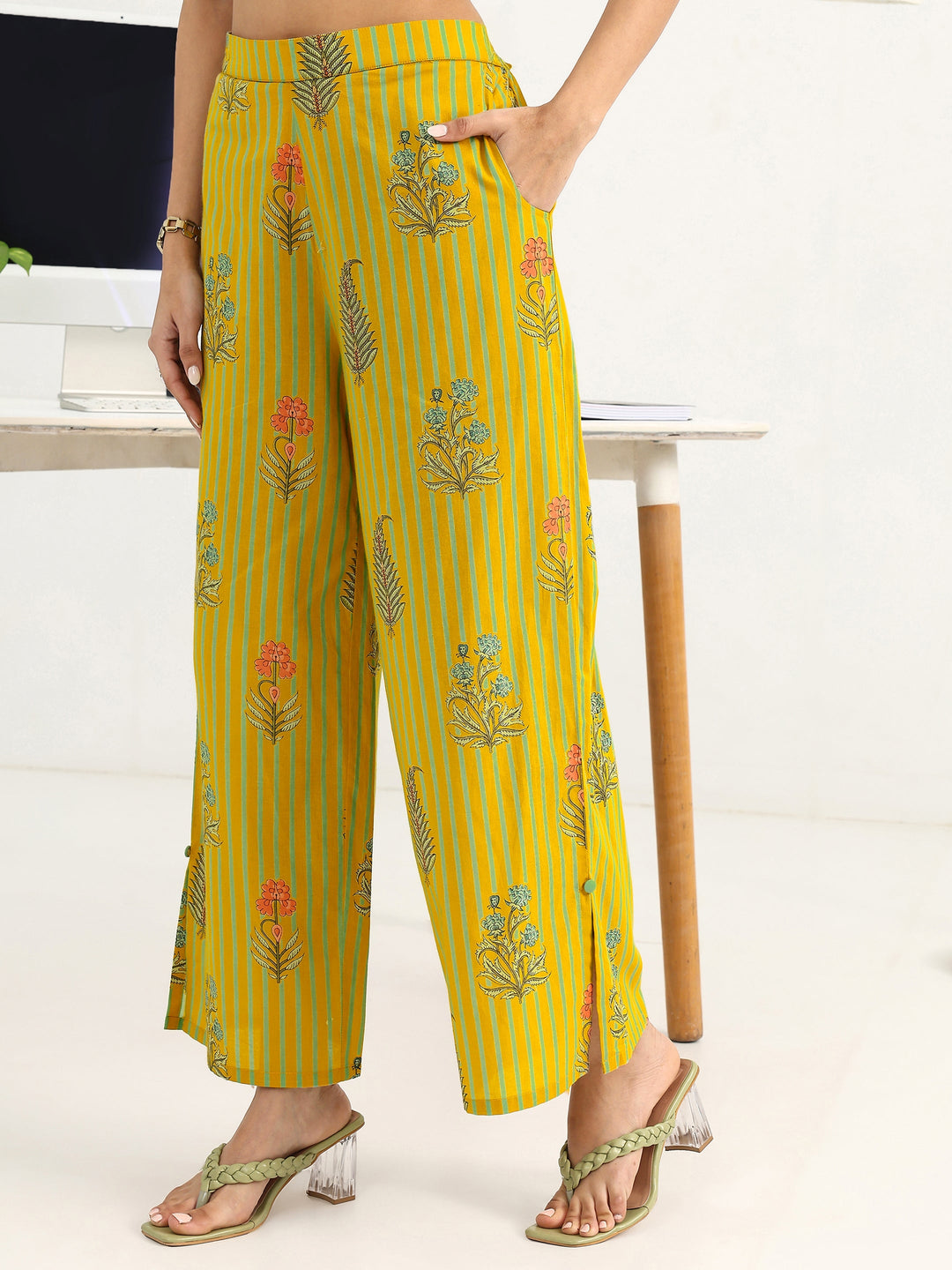  Yellow Striped Printed Cotton Blend Straight Kurta Set 