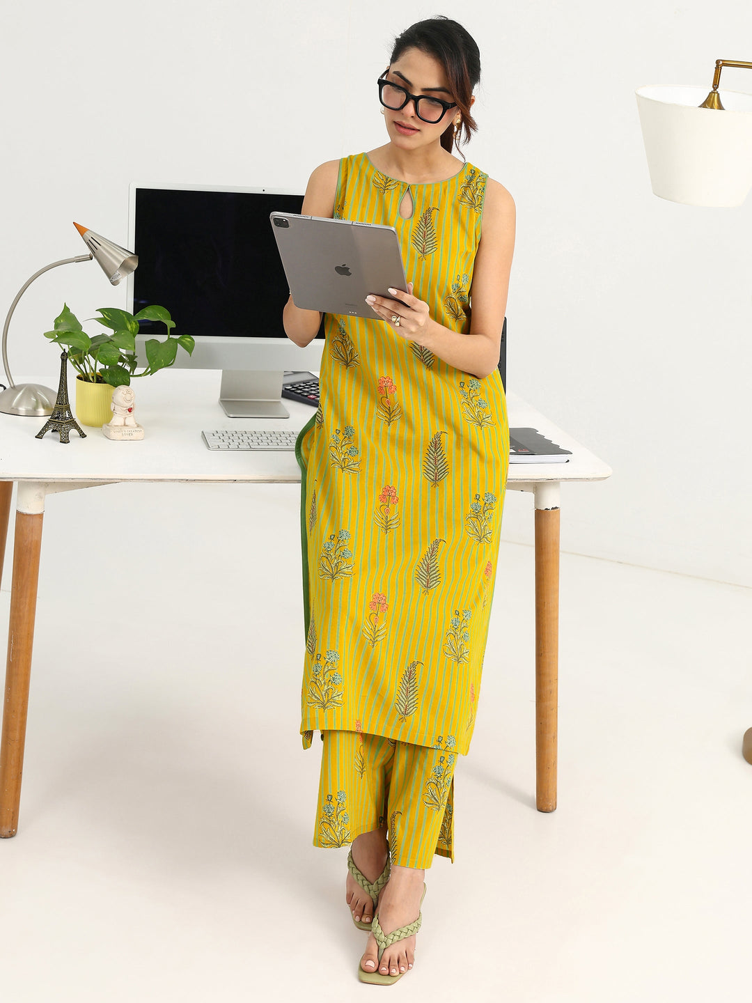  Yellow Striped Printed Cotton Blend Straight Kurta Set 