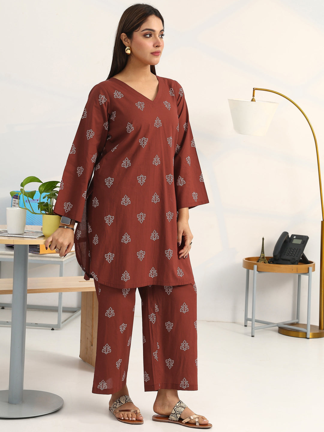  Brown Bandhani Printed Cotton Blend Straight Kurta Set 