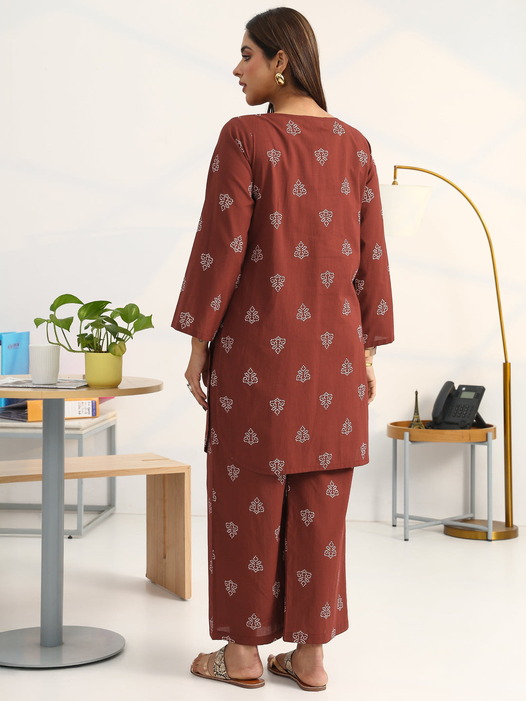  Brown Bandhani Printed Cotton Blend Straight Kurta Set 