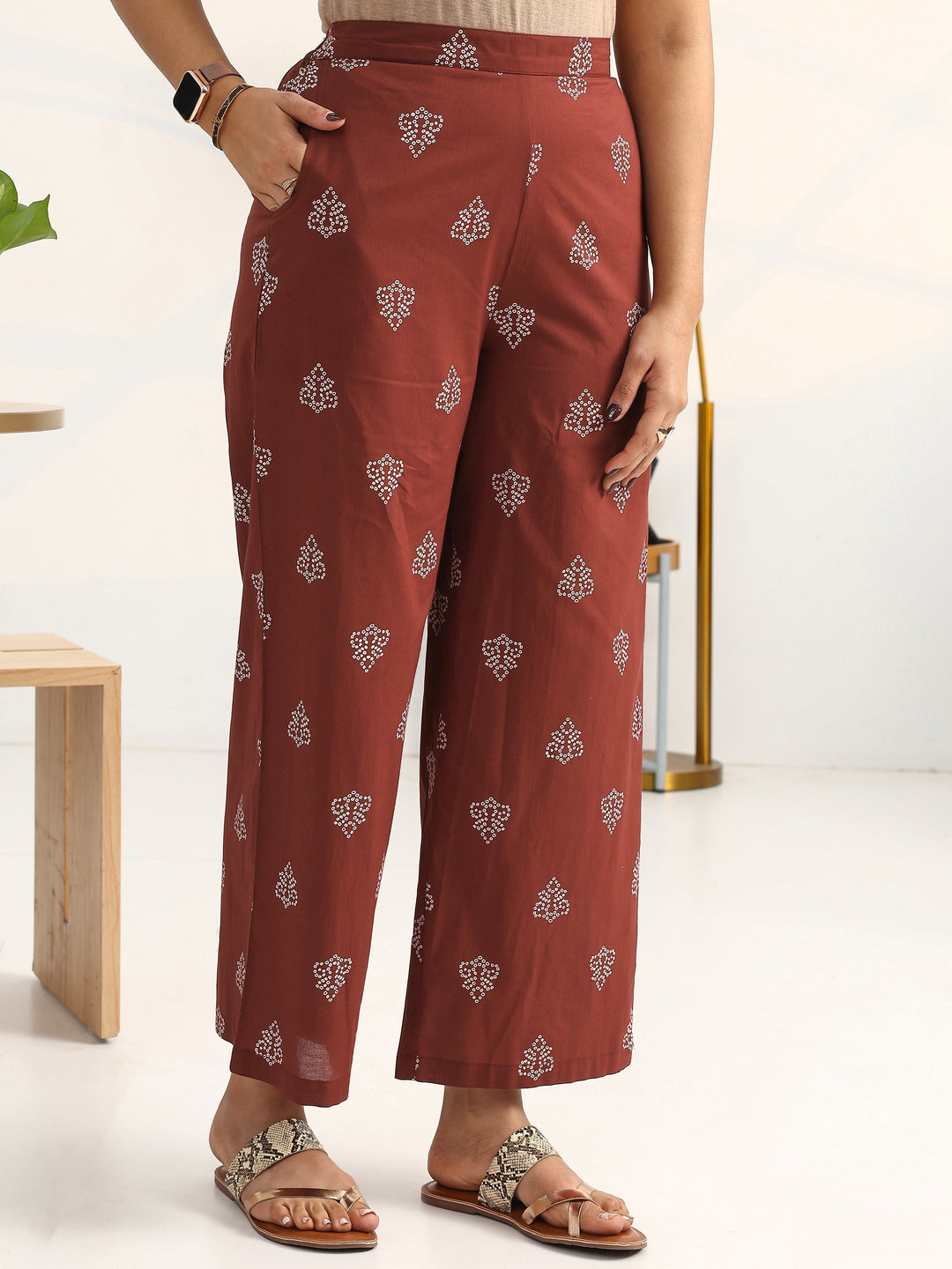  Brown Bandhani Printed Cotton Blend Straight Kurta Set 