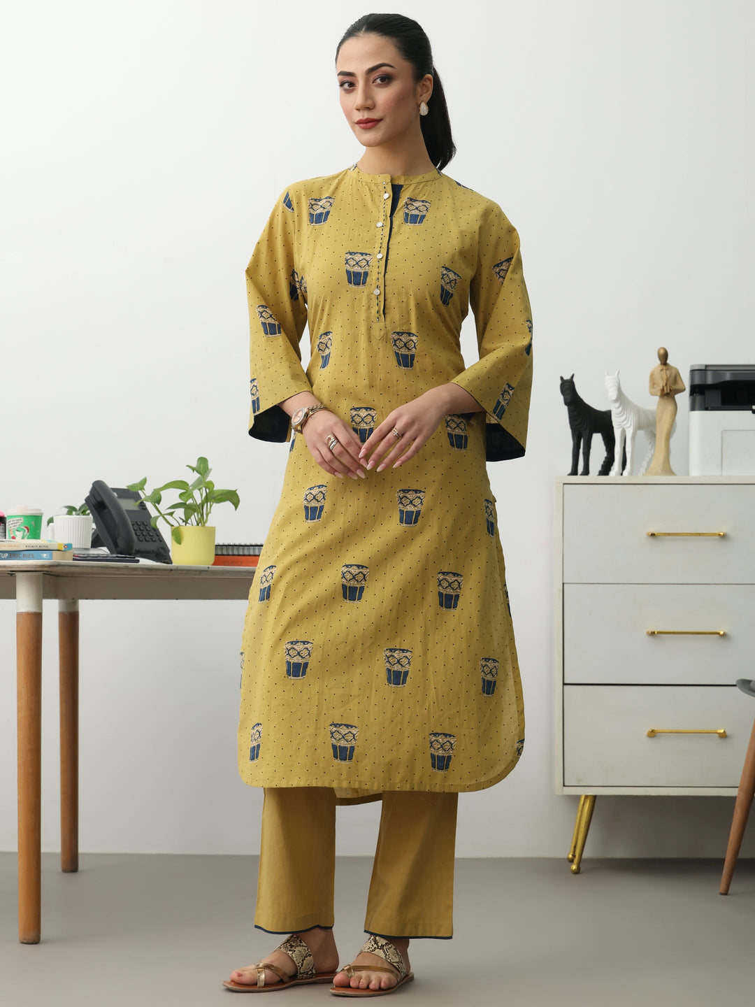  Mustard Ethnic Motifs Printed Cotton Blend Straight Kurta Set 