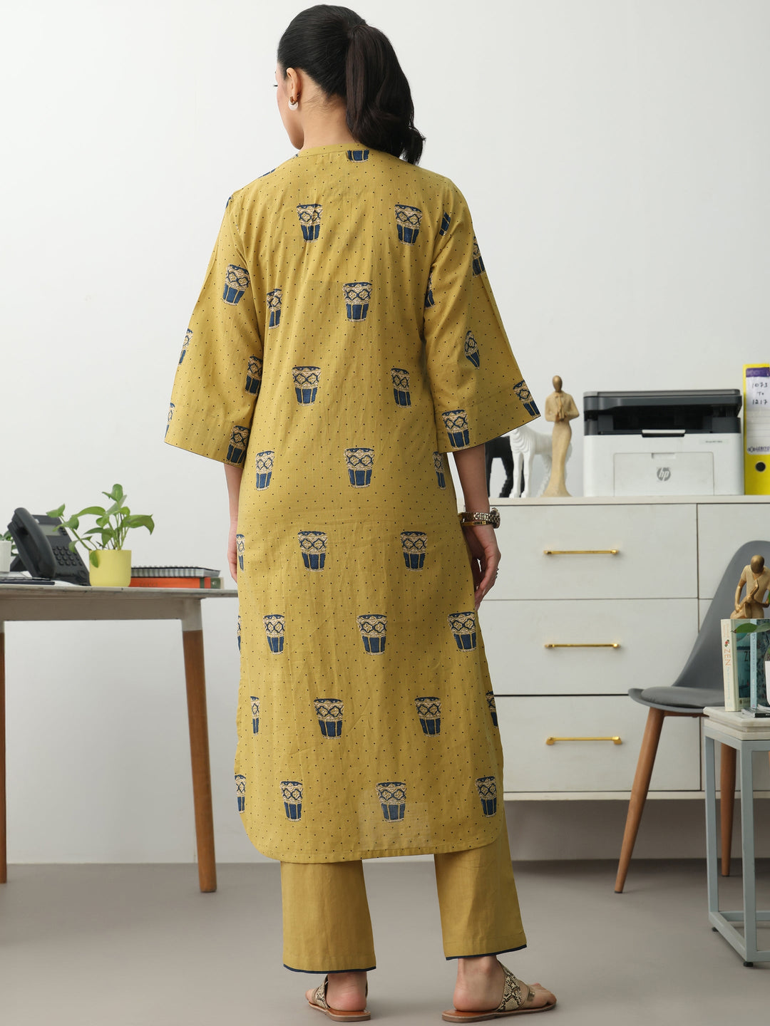  Mustard Ethnic Motifs Printed Cotton Blend Straight Kurta Set 