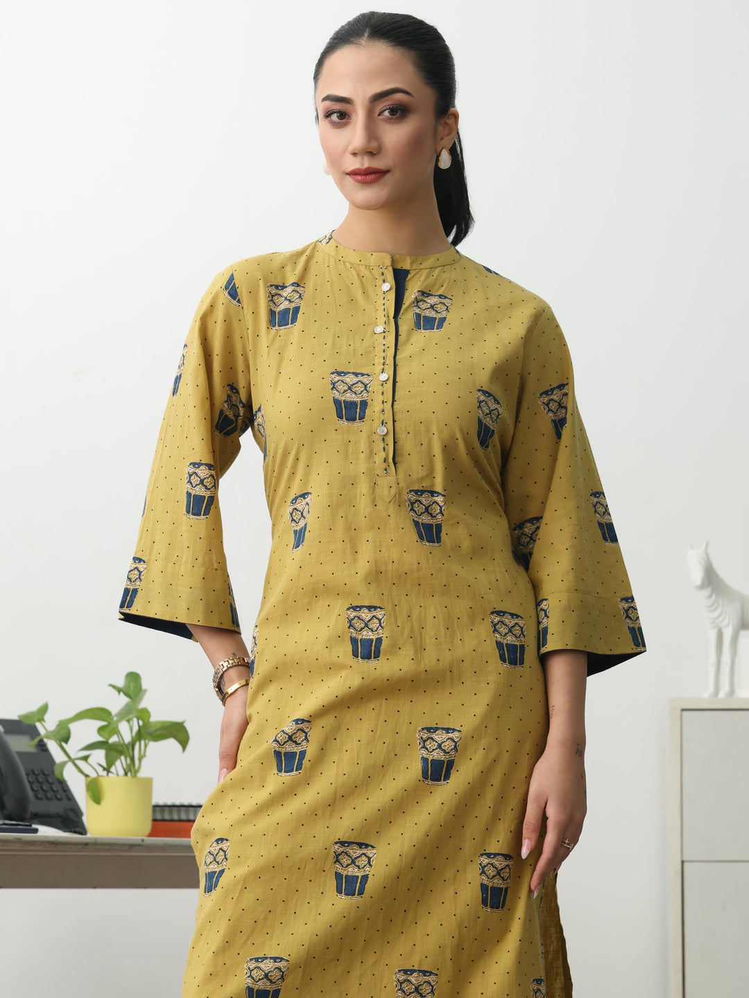  Mustard Ethnic Motifs Printed Cotton Blend Straight Kurta Set 